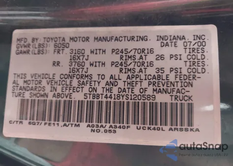 2000 Toyota Tundra Sr5 V8 из США, поврежденный, VIN 5TBBT4418YS120589